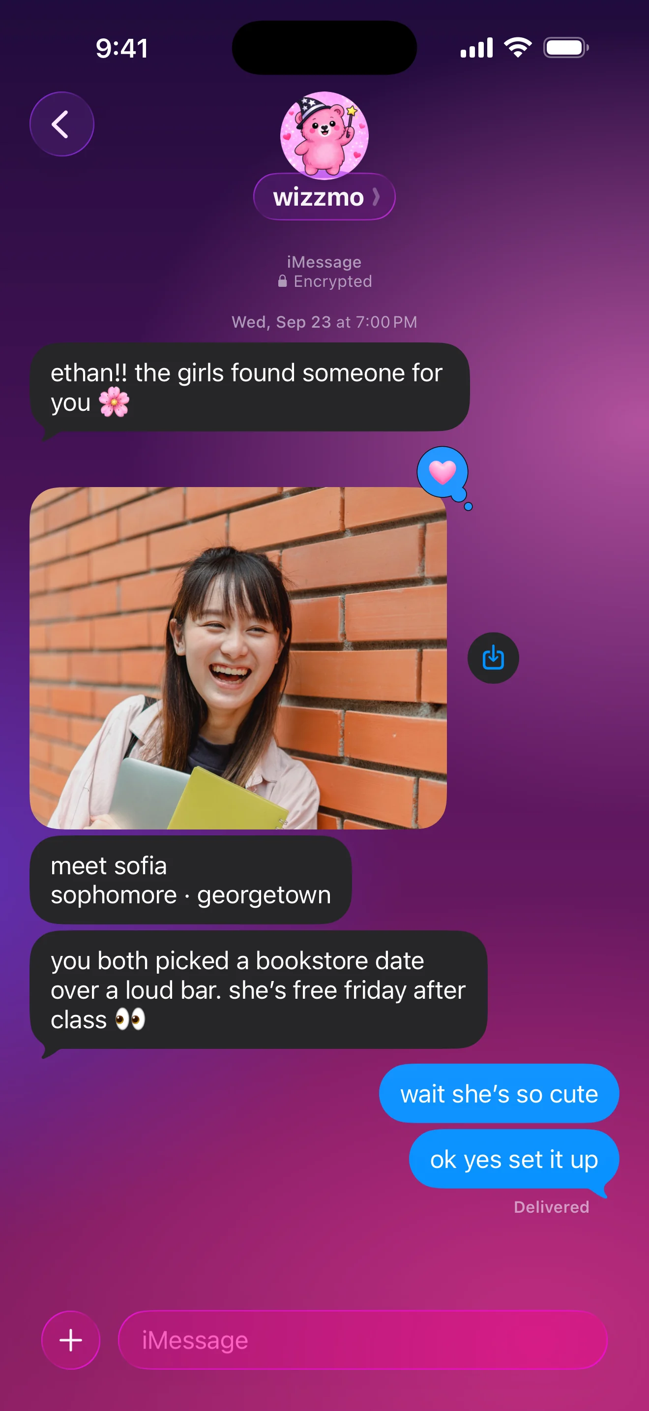 wizzmo texting ethan his match, sofia, with her photo and why they were paired